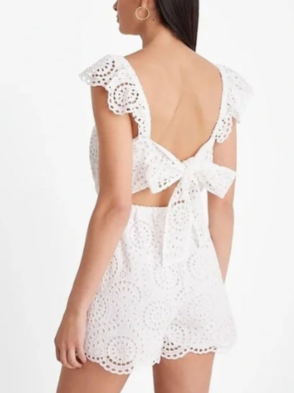 Express White Eyelet‎ V-Neck Flutter Sleeve Tie Back Romper